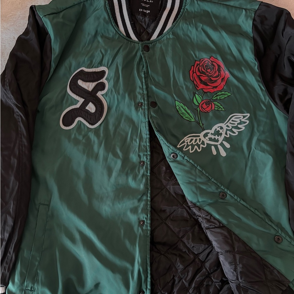 Stylish Green Varsity Jacket with Rose Embroidery